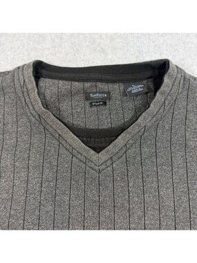 Van Heusen Studio Men’s XL V Neck Sweater Gray Pinstripe Cotton Blend Pullover